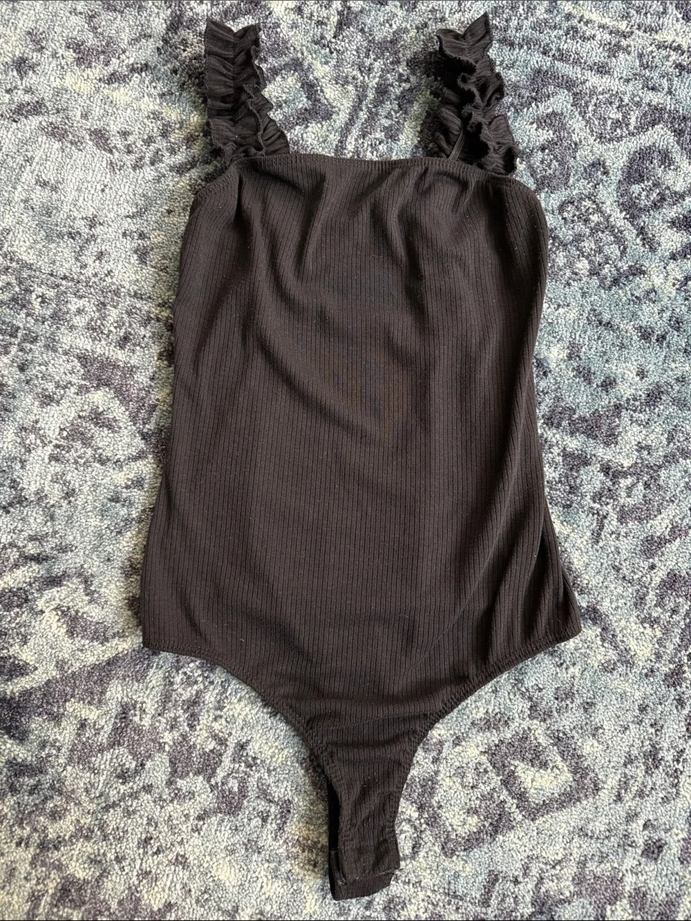 Women’s Black Ribbed One-Piece Bodysuit with Ruffle Straps
